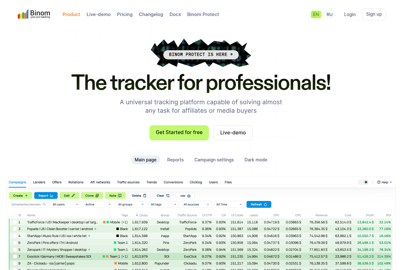 Binom homepage with the headline The tracker for professionals, a Binom Protect banner, pricing and docs in the nav, and a campaigns table of clicks, revenue, cost, and ROI.