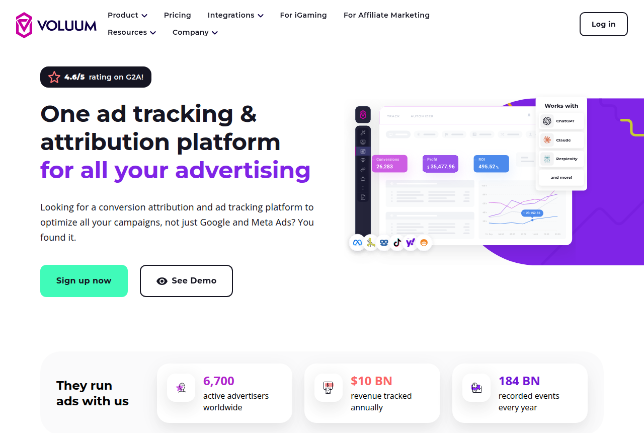 Voluum homepage with the headline about one ad tracking platform, a dashboard preview, and counts of advertisers and events.